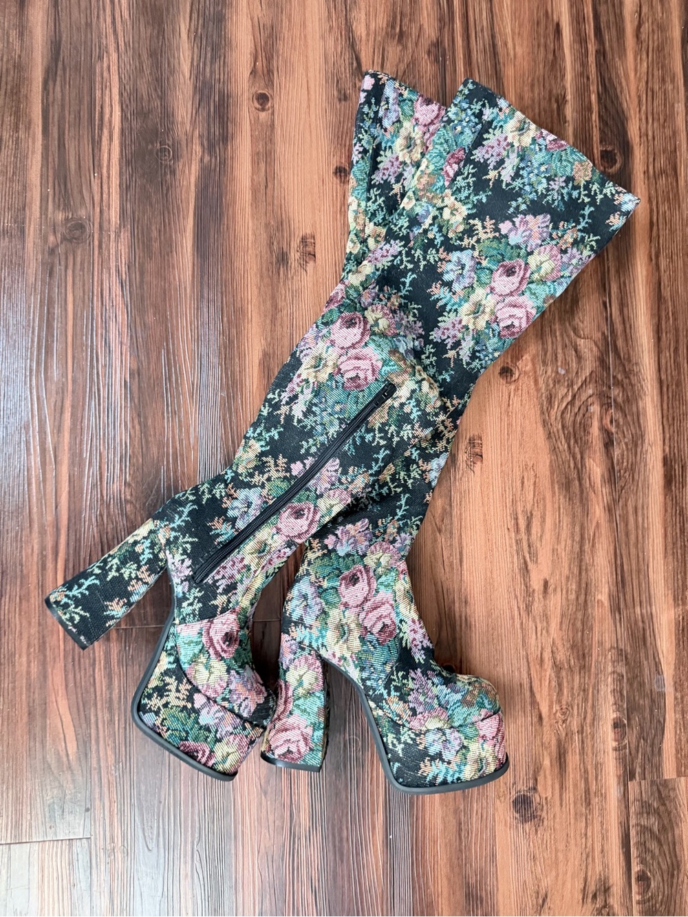 Dolls Kill Floral Tapestry Over-the-Knee Platform Boots - Black/Pink/Green